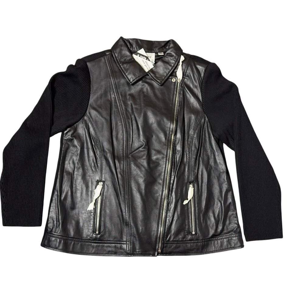 Leather Moto Jacket Zip Up Soft Black Knit Back Sleeves 18W Lined Casual Hip - Picture 9 of 16